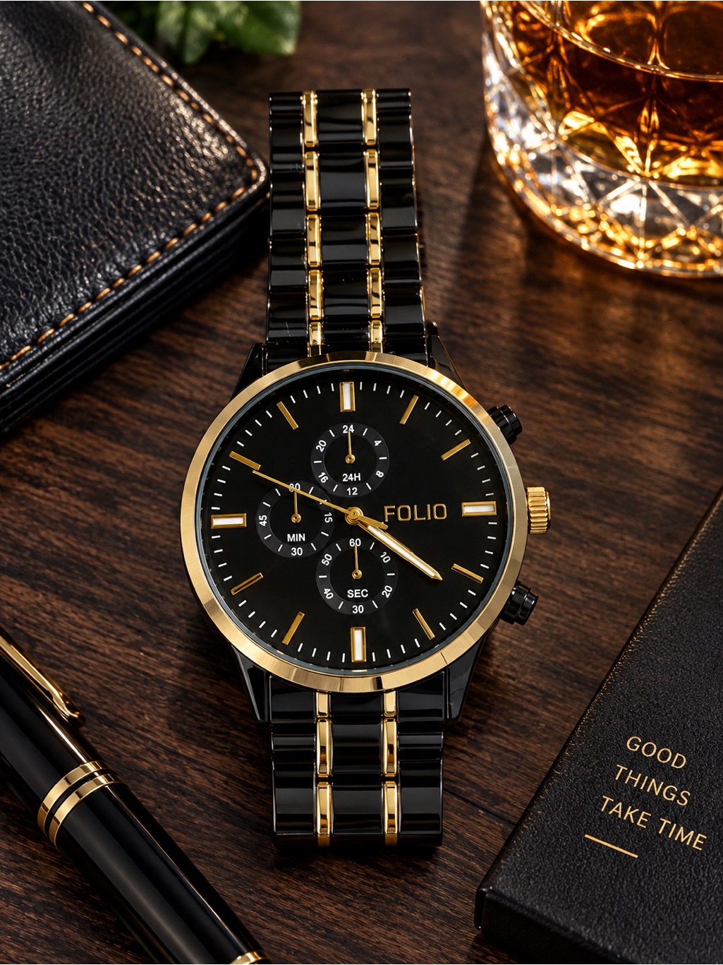 Mens Black And Gold Chronograph Bracelet Watch